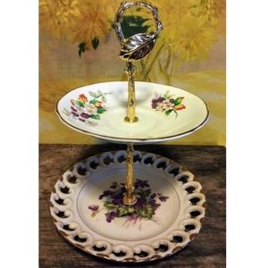 Violets and Berries Gold Rimmed 2 Tier Cake Stand